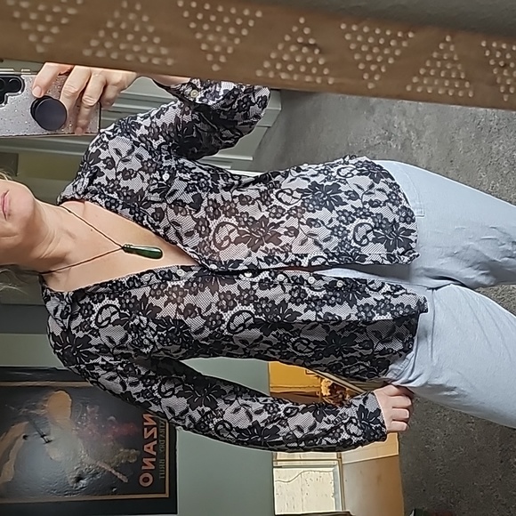 STUNNING DNA COUTURE BLACK LACE LOOK STRETCHY SHIRT - Picture 1 of 10